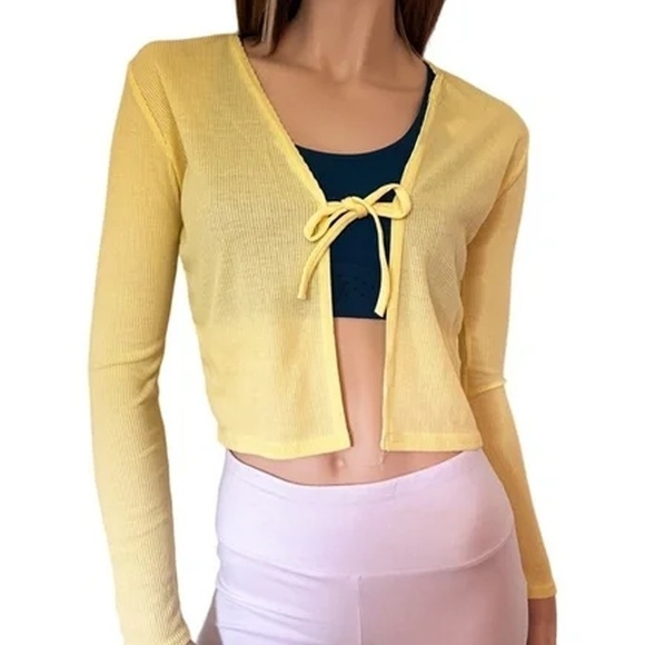PrettyLittleThing Cardigan Sweater Yellow Lightweight Long Sleeve Front Tie NWOT - Picture 10 of 12